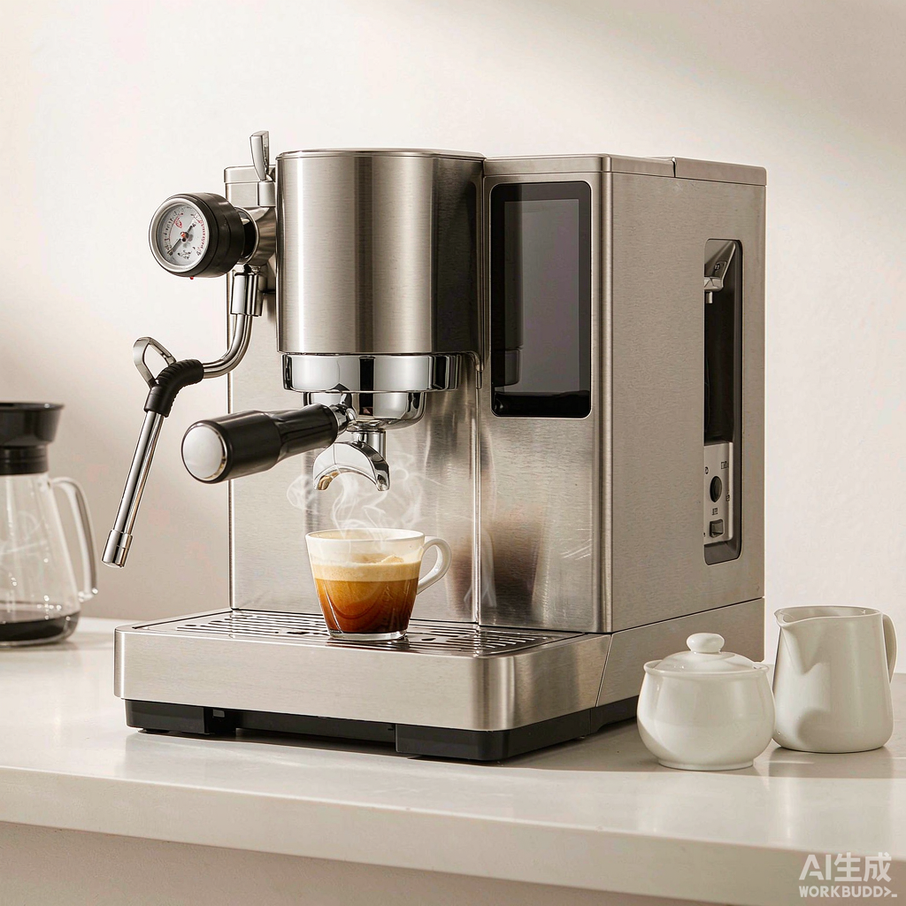 A stainless steel home espresso machine pulling a double shot
