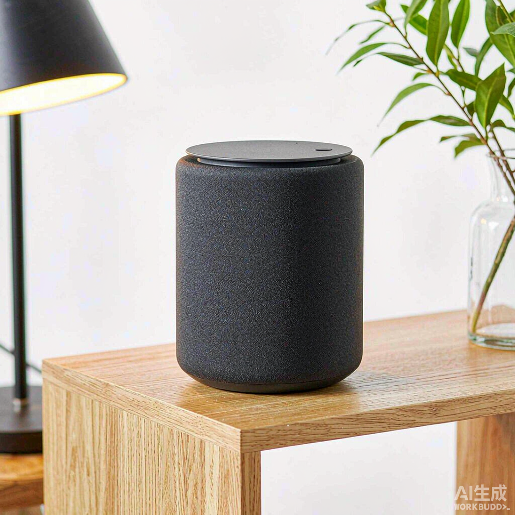 A fabric-covered smart speaker on a wooden side table