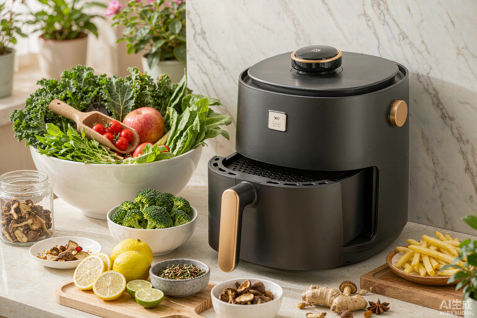 A bright modern kitchen with a countertop air fryer and fresh ingredients